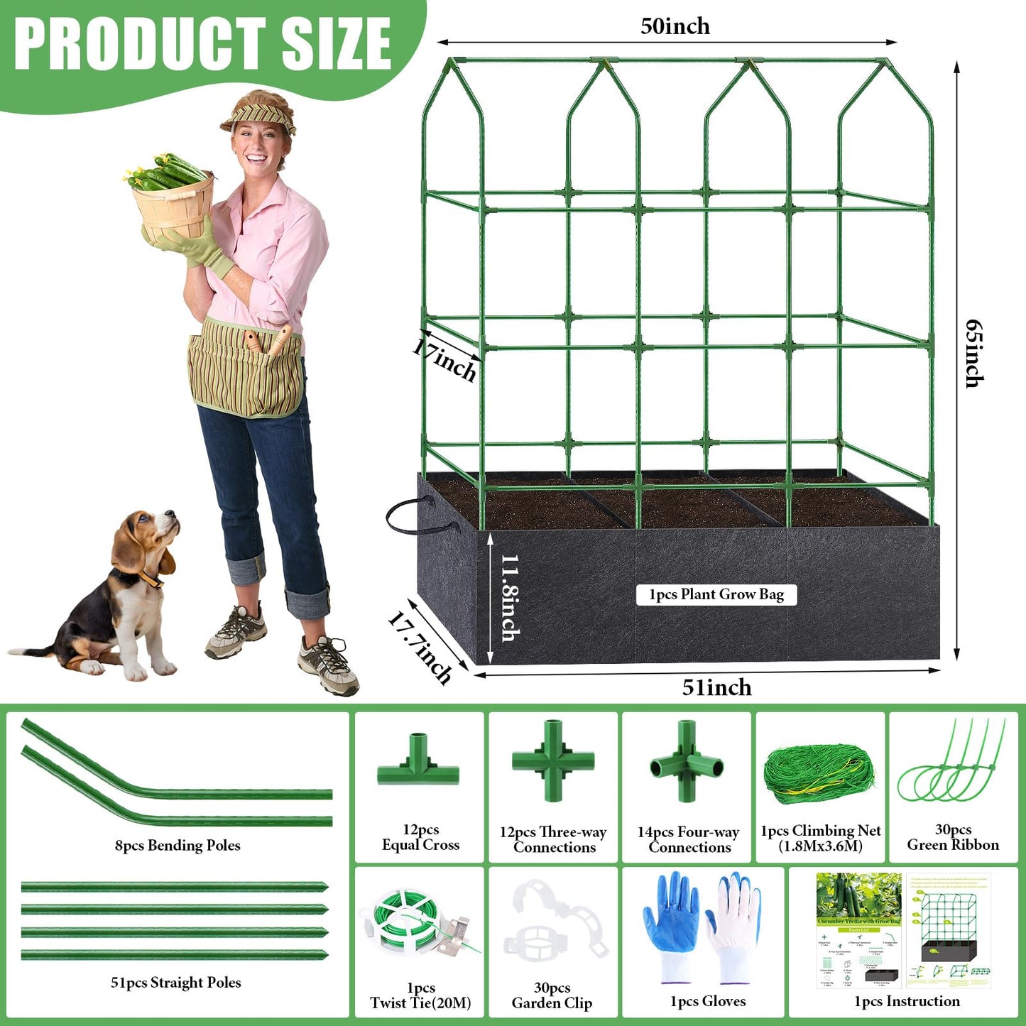 50x65x18 Inch Cucumber Trellis for Raised Bed - with 46 Gallon Grow Bags, Garden Trellis for Climbing Plants Outdoor with Climbing Net and Plant Support for Cucumber, Tomato, Vegetable, Grape, Vine
