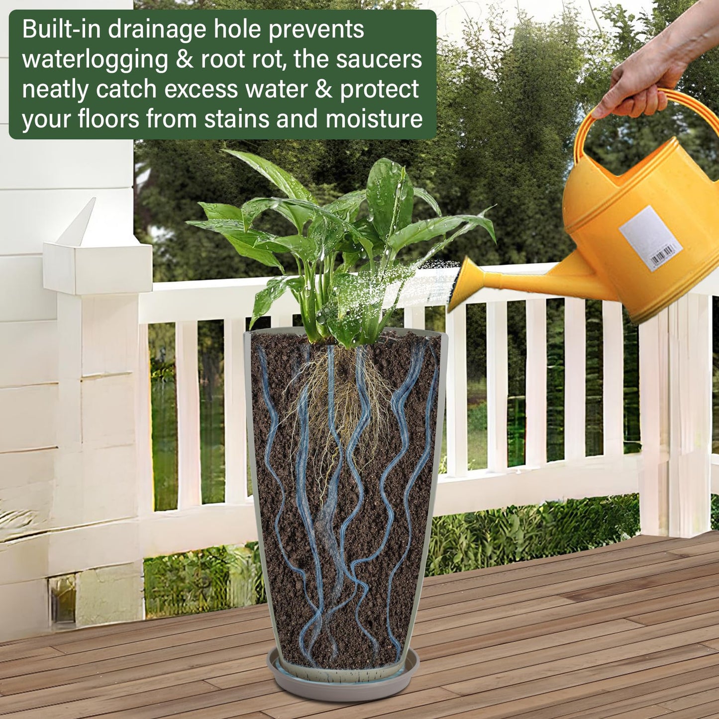 Neoaider Set of 2 Lightweight Ceramic-Look Tall Planter, 21 inch Large Plastic Planter with Drain Hole & Saucers, Large Outdoor Planters for Porch, Garden, Patio, Balcony(Drip Glaze)