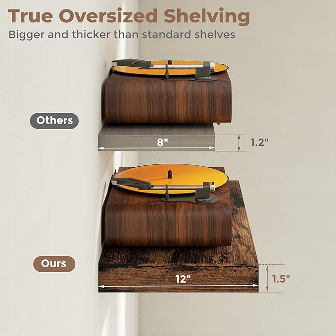 12 inch Deep Floating Shelves for Wall, 72 inch Wide Engineered Wood Wall