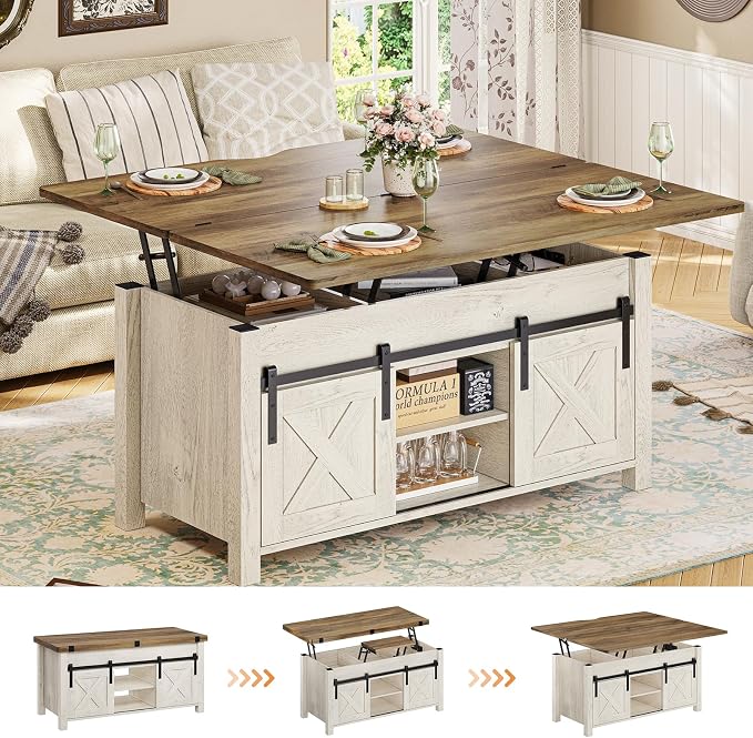 SEDETA Lift Top Coffee Table, 4 in 1 Multi-Function Convertible Coffee Tables with Storage and Hidden Compartment, Farmhouse Coffee Table Converts to Dining Table for Living Room, Brown Top