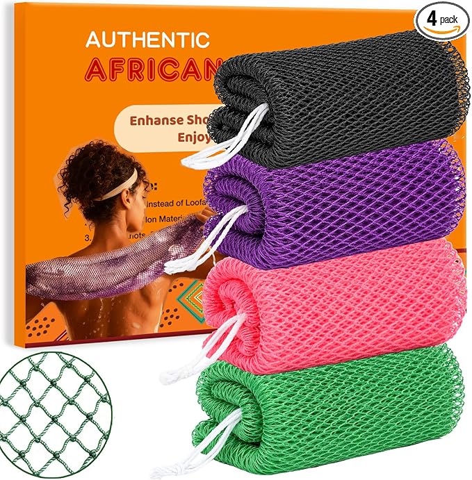 African Net Sponge Authentic, 4 Pieces African Exfoliating Net Sponge Body Back Scrubber Exfoliating Washcloth for Shower Bath for All Types Skin (Black+Purple+Pink+Green, 4 Pcs)