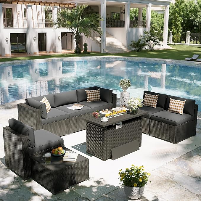 Aoxun Patio Furniture Set with Fire Pit Table, 8 Piece Outdoor Sectional Sofas