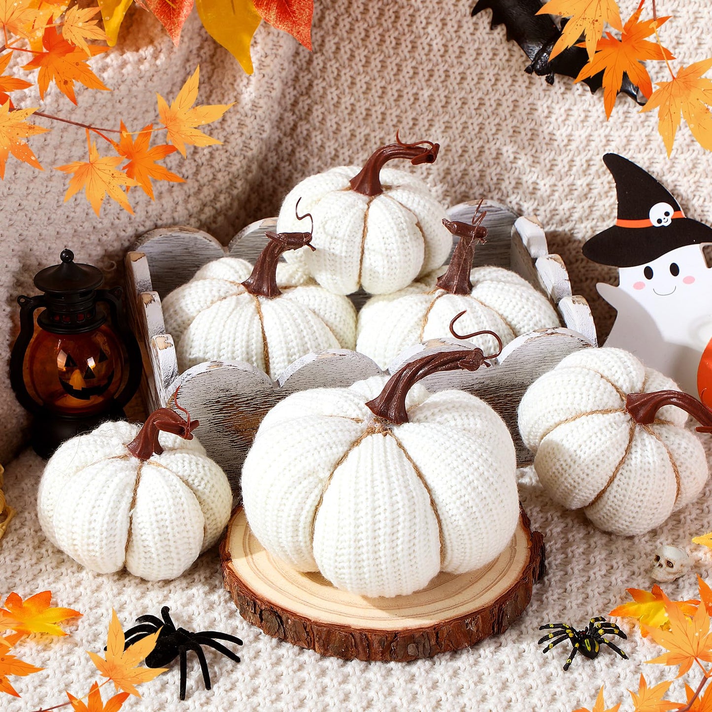 HunnmingRe 6 Pcs Thanksgiving Decor White Crochet Pumpkins Large 6 Inch Faux Fall Pumpkin Decor for Thanksgiving Farmhouse Autumn Rustic Mantel Table