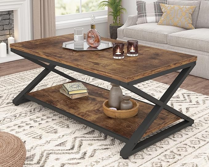 HSH Wood Coffee Table with Storage, Farmhouse Rustic Brown Coffee Table