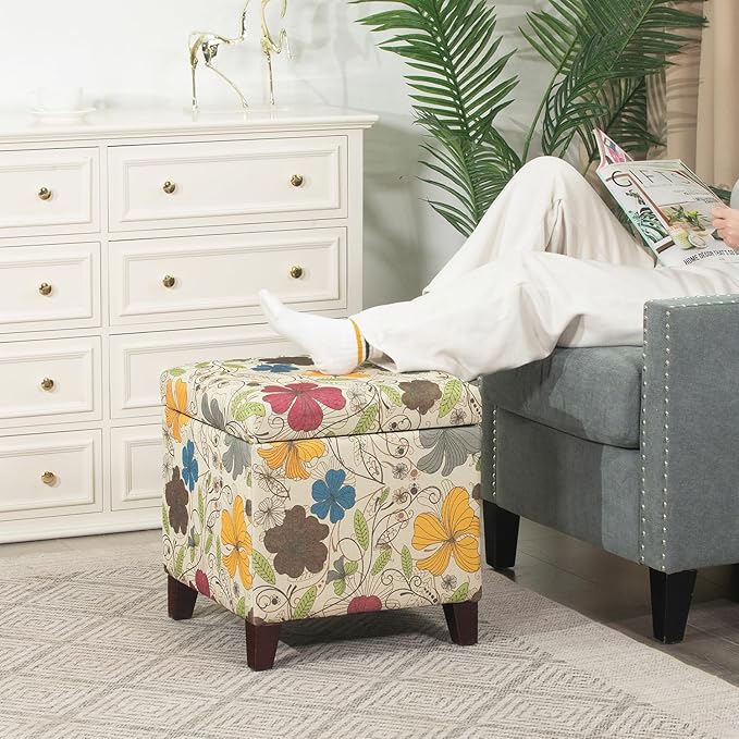 Adeco 18 Inch High Cube Ottoman Storage, Floral Printed Linen Chair Foot Stools