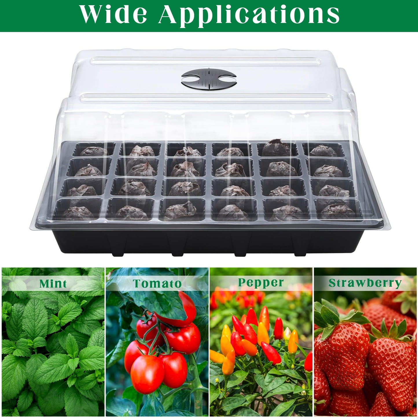 Hahood 4 Sets Seed Starter Tray Kit Germination Starter Tray with Humidity Dome and Base Include 100 Peat Pellets 100 Plant Labels Garden Tools Plastic Plant Growing Trays for Greenhouse Garden, Black