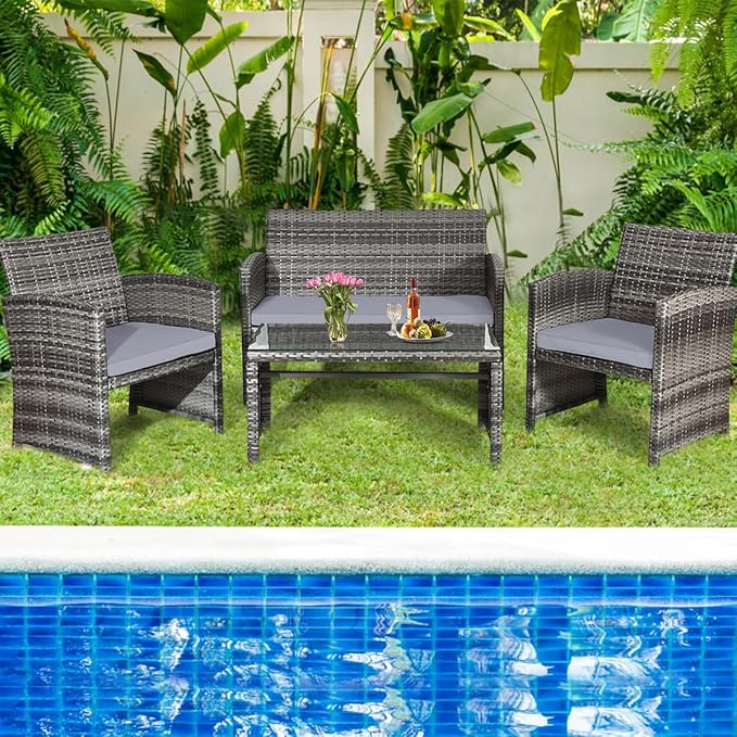 Tangkula 8 Pieces Patio Wicker Conversation Furniture Set, Patiojoy Sofa &
