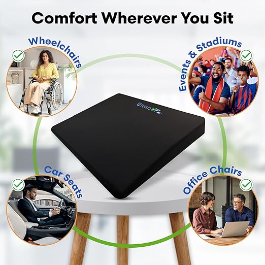 ERGO21 LiquiCell Sports Cushion - 2 Inch Thick Seat Pad for Tailbone, Hip & Lower Back Pain Relief - Ergonomic Comfort for Car, Office, Stadium & Wheelchairs- Better Than Gel, Foam or Air