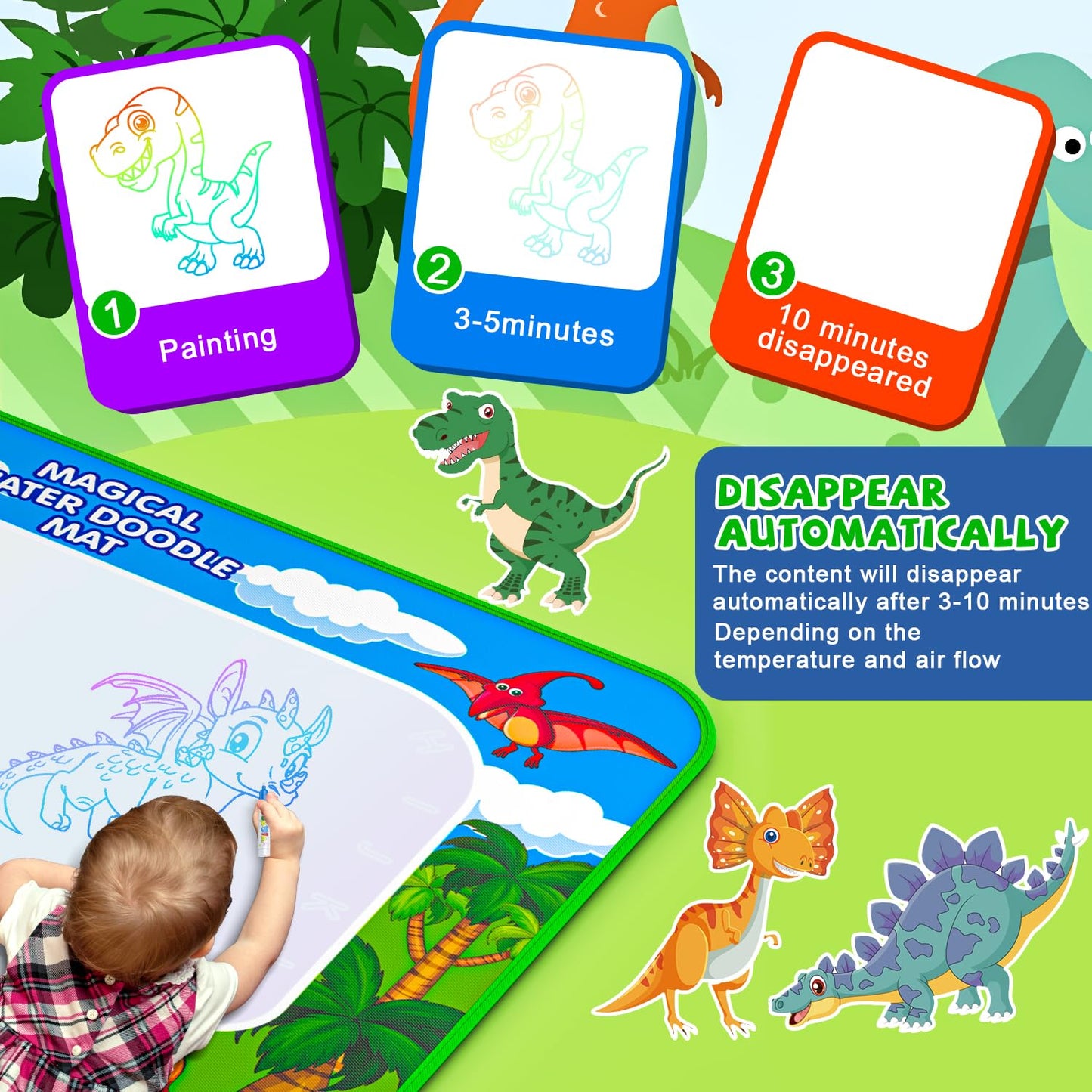 Water Doodle Mat, 40 x 32 Inch Mess Free Drawing Mat, Educational Toy for 3 4 5 6 7 8 Years Old Boys Girls, Neon Color Mat Doodle Board Writing Drawing Toys Holiday Christmas Birthday Gifts