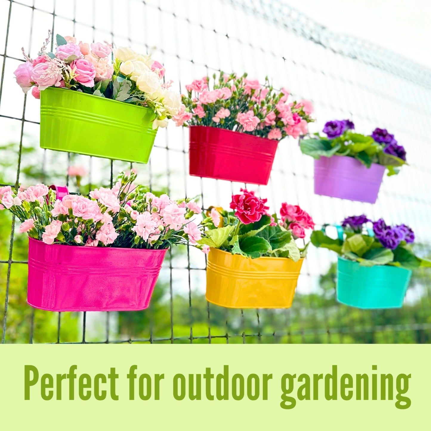 LaLaGreen Outdoor Hanging Planter (11.2 Inch, 6 Pack) Light Purple, Green, Yellow, Cadet Blue, Dark Pink, Red Metal Iron Window Box Flower Pot Deck Railings Balcony Fence Rail Porch Home Garden Decor