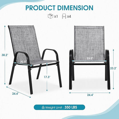 Outdoor Stackable Chairs Set of 8, Stacking Patio Chairs with Textilene Fabric, Outside Furniture for Garden Backyard Balconie Poolside Deck, Grey
