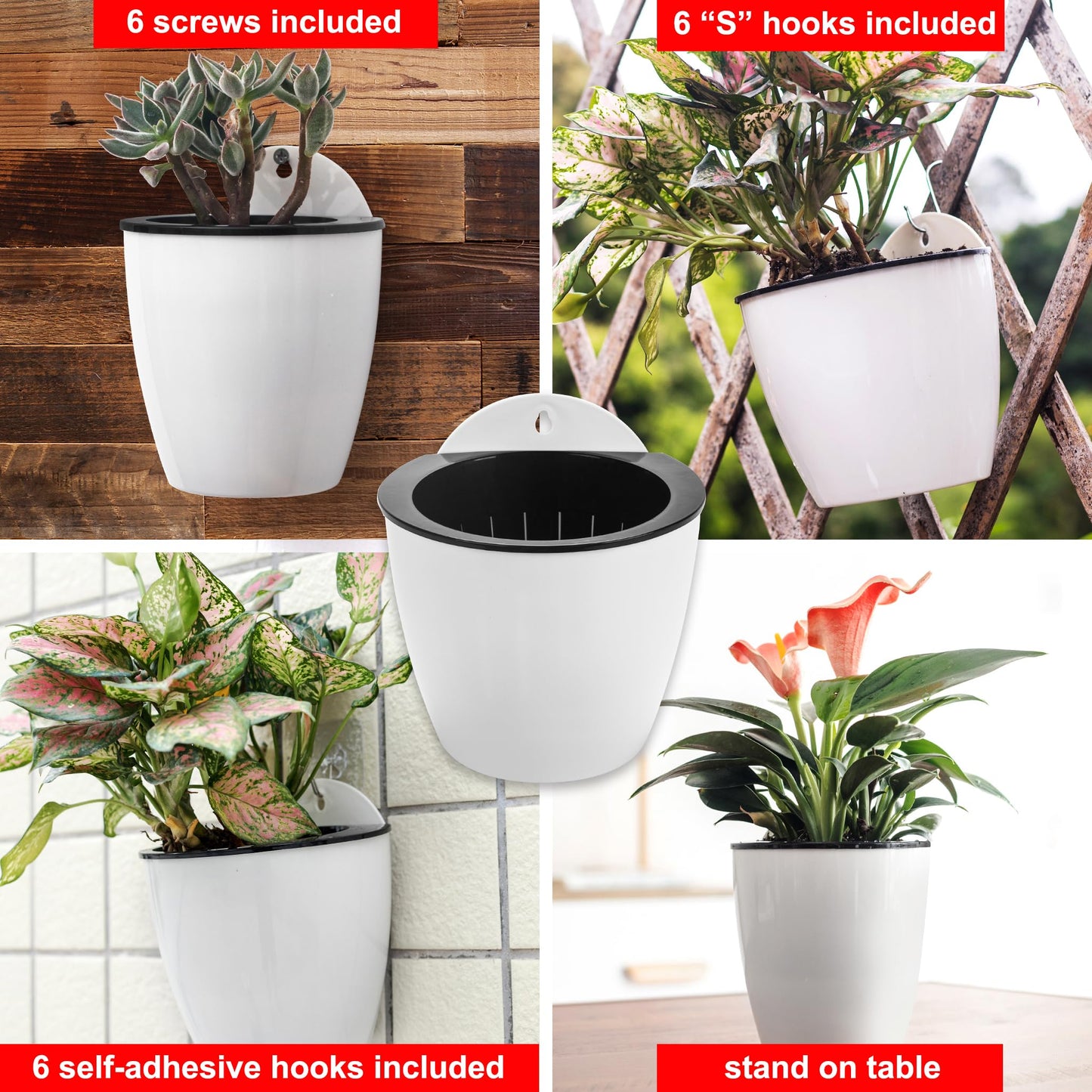 ORIMERC 6 Pack Hanging Planter Wall Planter Self Watering 5 inch Plant Pot with Hardware Vertical Planter Outdoor Indoor Plants Herb Garden Home Décor Kitchen Balcony Railing Shelf Fence (Medium)