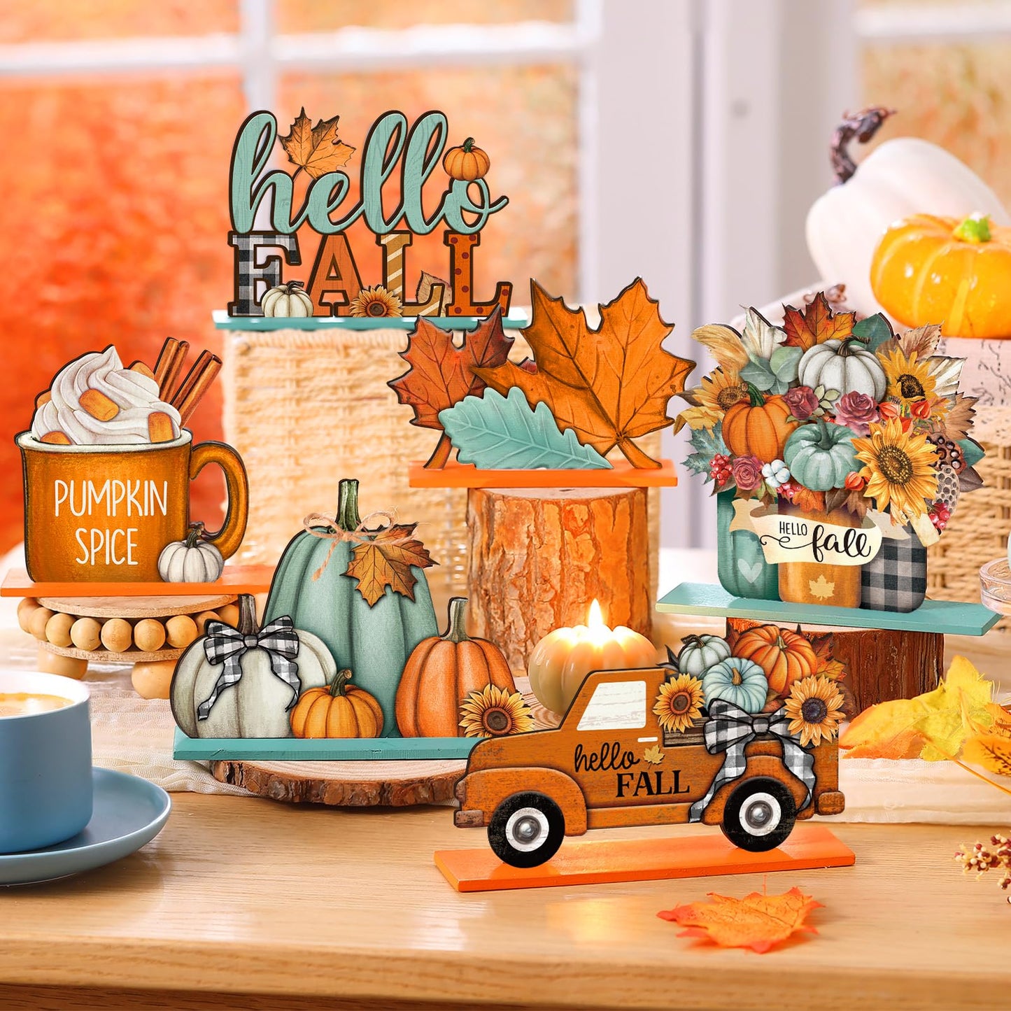 Yousoontic 6 Pcs Fall Decor for Home Fall Thanksgiving Table Decorations Centerpieces Signs Gnomes Pumpkin Truck Tabletop Signs for Autumn Photo Props Harvest Party Decor(Classic,Orange and Blue)