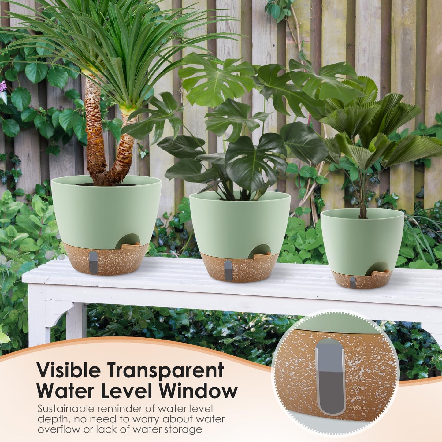 QRRICA 12/10/9 Inch Self-Watering Plant Pots with Water Level Indicator, Drainage Holes & Saucers – Large Plastic Planter Set for Indoor & Outdoor Plants (Green)