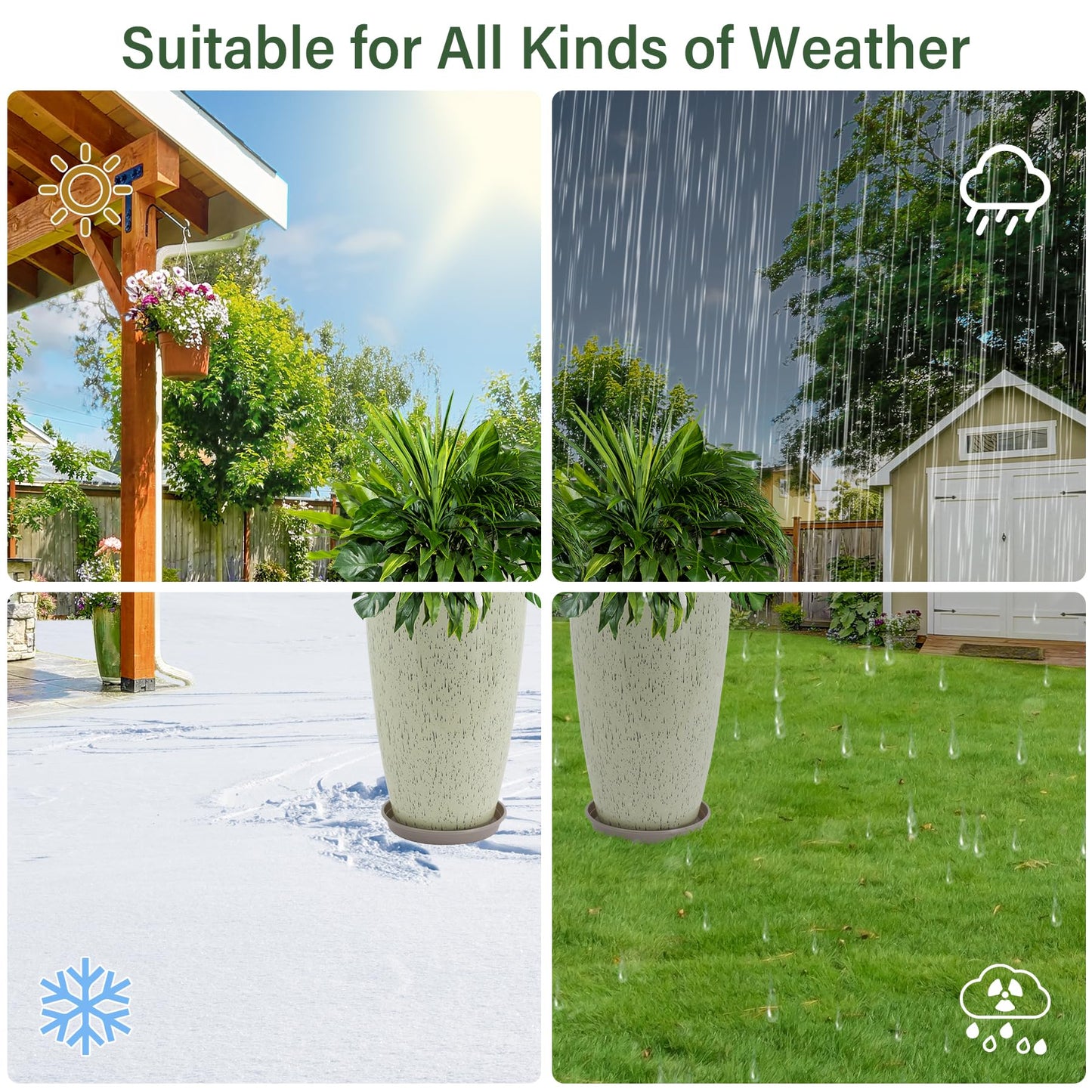 Neoaider Set of 2 Lightweight Ceramic-Look Tall Planter, 21 inch Large Plastic Planter with Drain Hole & Saucers, Large Outdoor Planters for Porch, Garden, Patio, Balcony(Drip Glaze)