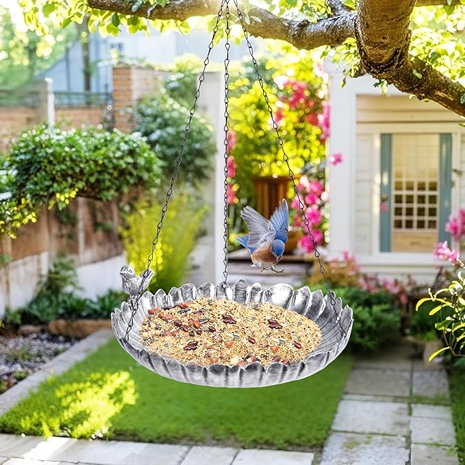 VCUTEKA Hanging Bird Baths for Outdoors, Metal Bird Bath for Outside Birdfeeder for Garden, Patio, Back Yard Decoration, Silver