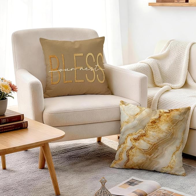 OBSEDE Inspirational Beige Marble Decorative Throw Pillow Covers 18 × 18 in