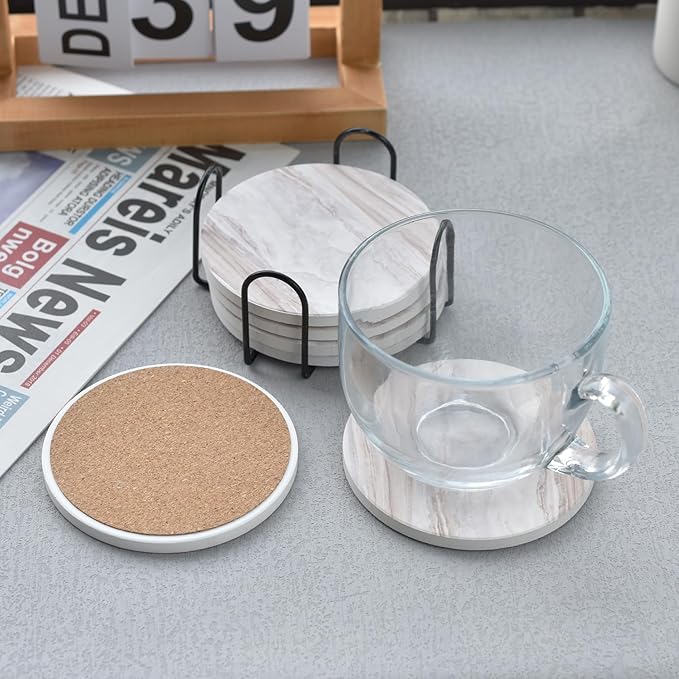 6Pcs Drink Coasters with Holder, Marble Style Ceramic Drink Coaster, Absorbent
