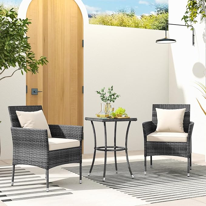 Tangkula 3-Piece Patio Furniture Set, PE Wicker Conversation Bistro Set w/A