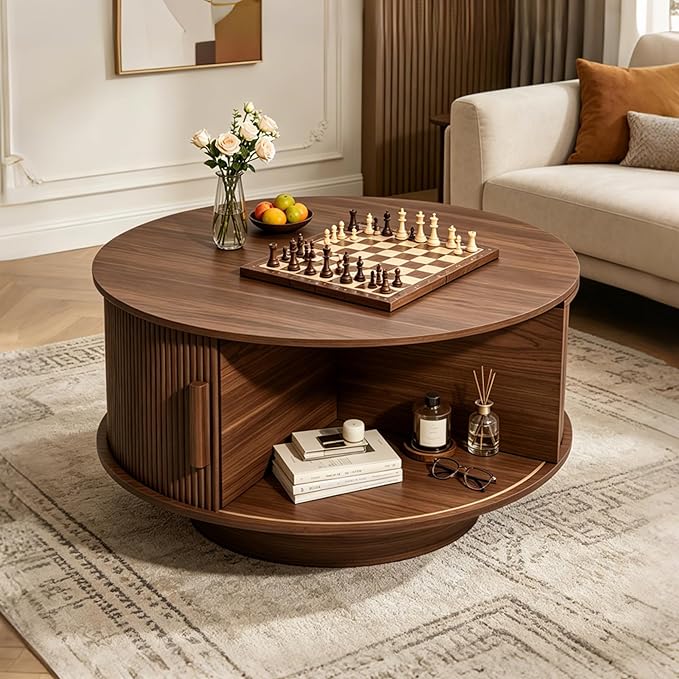 Round Lift Top Coffee Table, Mid Century Modern Fluted Circle Coffee Table