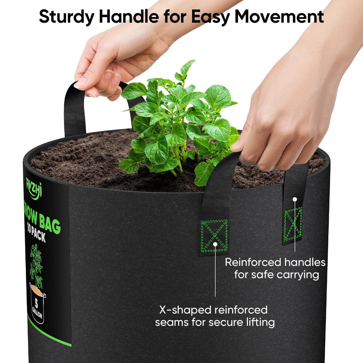 RVZHI Grow Bags for Potato 5-Gallon: 10 Pack Black 350G Heavy Duty Thickened Fabric Pots with Handles & Labels - Nonwoven Gardening Containers for Growing Plants Vegetable Fruit Tomato Flowers Herbs