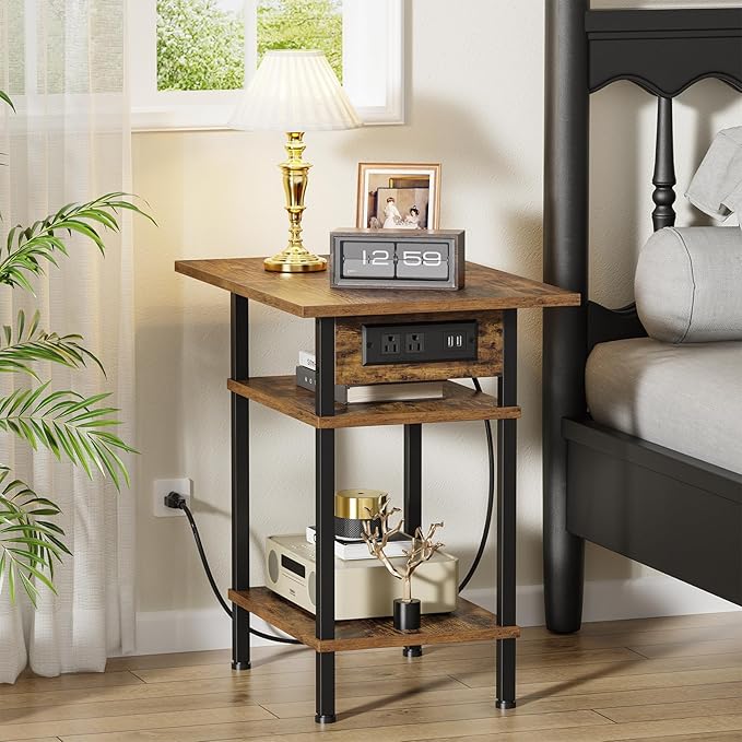 Asgolion Side Table with Charging Station, Skinny Nightstand with USB Ports and