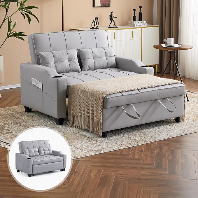 VINGLI Light Grey Futon Sofa Bed Convertible Loveseat Sleeper Couch, Faux