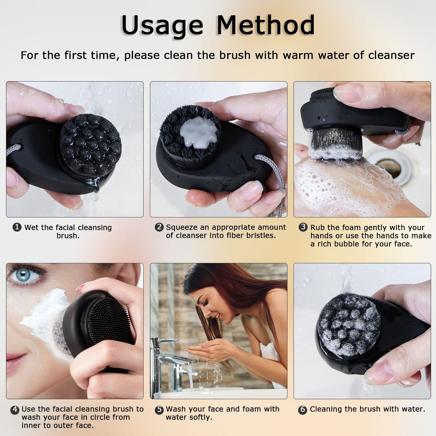 2 Pack Facial Cleansing Brush 2 in 1 for Face Exfoliation, Soft Bamboo Charcoal Microfiber Bristle Dual Face Silicone Scrubber Brush for Pore Deep Cleansing Skincare with Lid, Black+Gradient