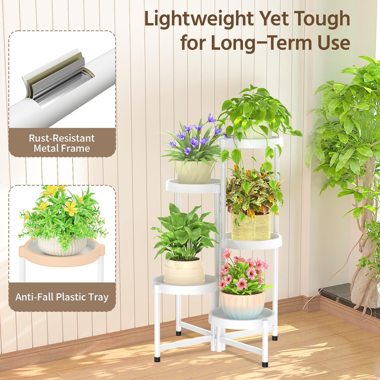 LASZOLA 5 Tiered Plant Stand Indoor Outdoor with Plastic Tray, Corner Folding Tall Flower Display Rack, Modern Plant Holder Shelf for Outdoor Patio Porch Garden Office Living Room, White