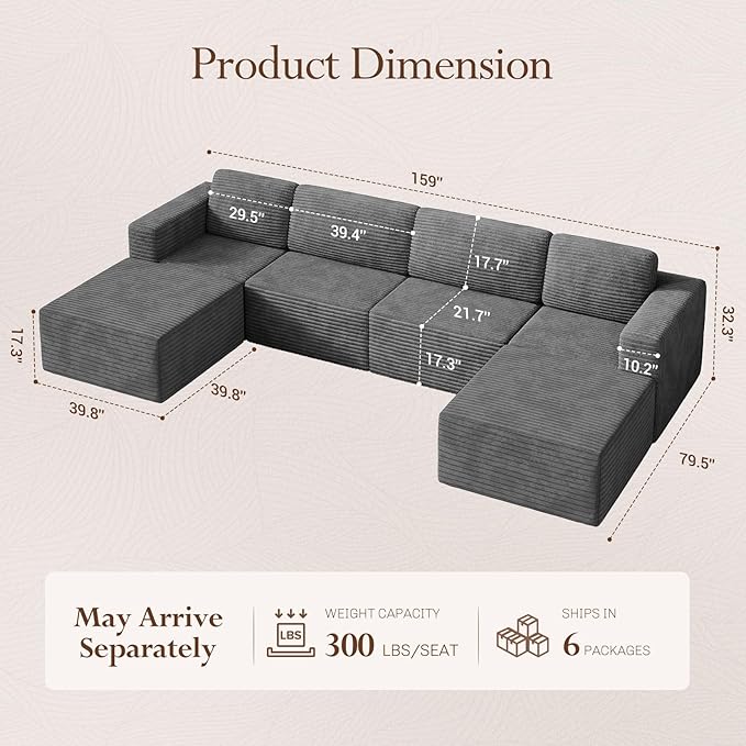 Vesgantti 159" Large Modular Sectional Sofa, U-Shaped Corduroy Cloud Couch