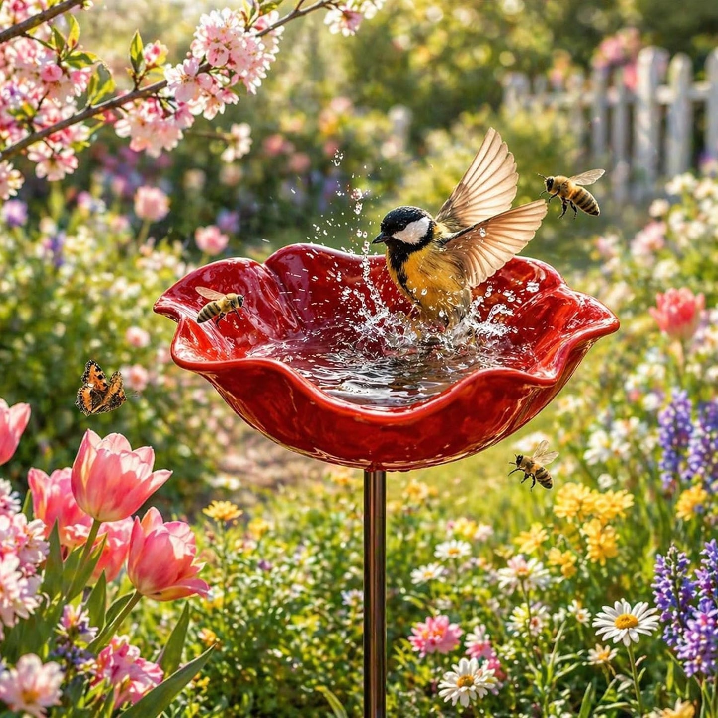 Handmade Metal Flower Garden Stake with Bird Bath & pollinator Water Station, Bee Bath for Garden Metal Bee Water Feeder with Flower Design for Outdoor Yard Decor