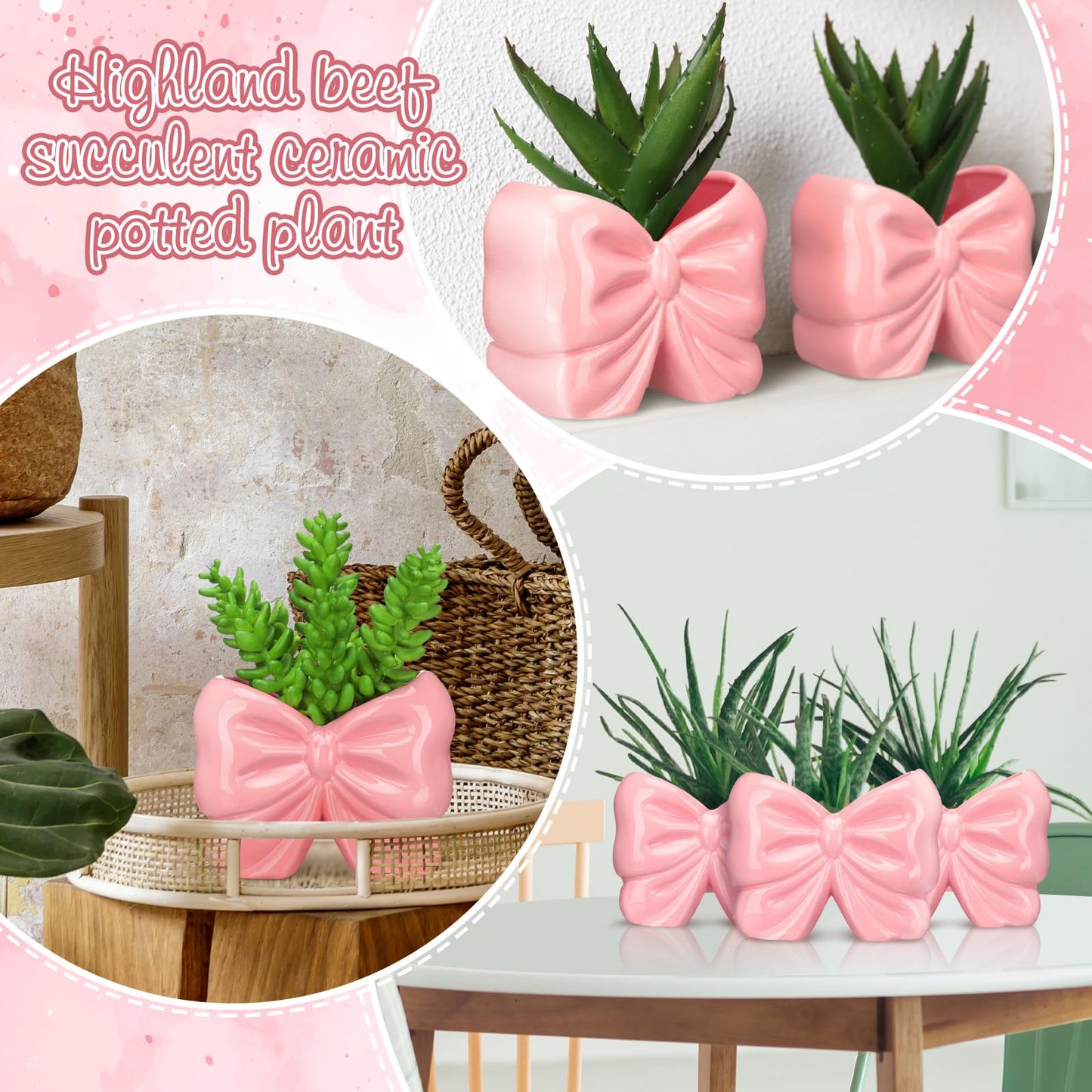 2 Pcs Coquette Bow Succulent Pots with Drainage Pink Bowtie Ceramic Planter Pots Plants Holder Bowtie Shaped Cactus Flower Container for Home and Office Desk Display Coquette Party Decoration