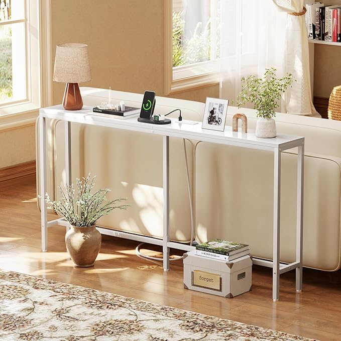 SUPERJARE Console Table with Outlet, 63 Inch Sofa Table with Charging Station