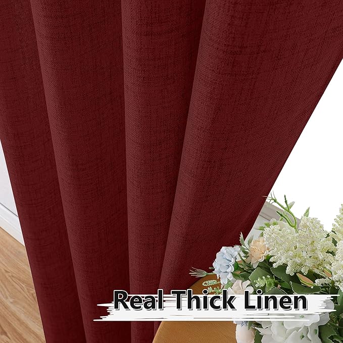 Tollpiz Linen Curtains Living Room Rod Pocket Semi Sheer Curtain Burlap Light Filtering Thick Linen Drapes for Bedroom, 38 x 63 inches Long, Burgundy Red, Set of 2 Panels