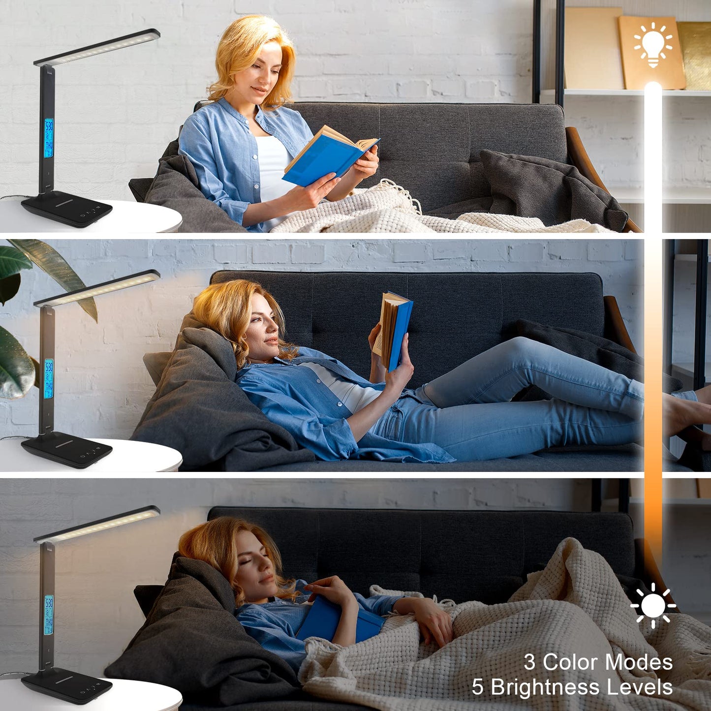 snsok Desk Light with Wireless Charger, USB Charging Port, Dimmable Office Desk Lamp with Clock, Alarm, Date, Temperature, Foldable Lamp for Table Bedroom Bedside Office