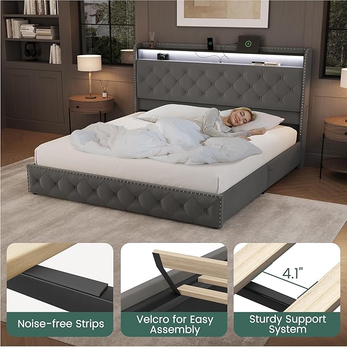 LARMACE King Bed Frame with 4 Storage Drawers and USB Charging Station Velvet
