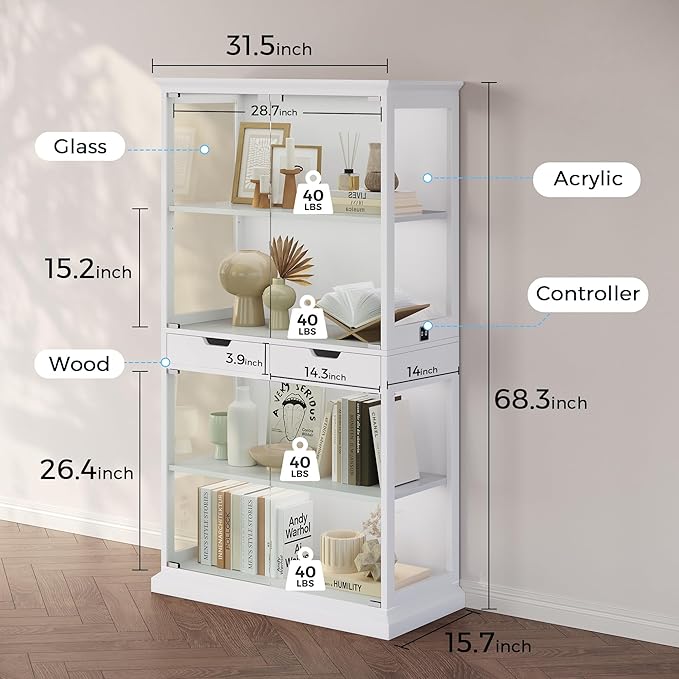 Jocoevol Display Cabinet with Glass Doors, 4-Tier Glass Display Case with Human