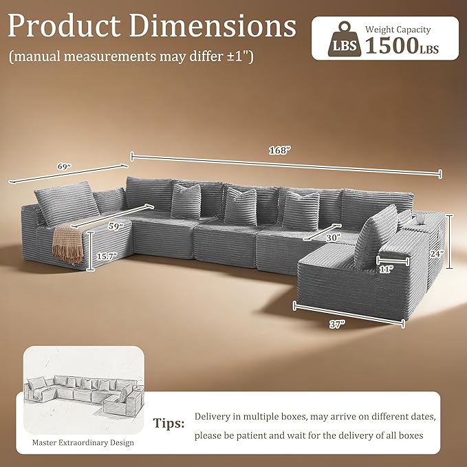168" Cloud Sectional Couch, Comfort U Shaped Sofa