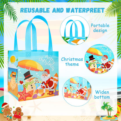 HOWAF 12 PCS Summer Christmas Decorations Gift Bags, Tropical Christmas Non-Woven Tote Bags with Handle Decoration, Beach Santa Goodie Bag for Hawaii Mele Kalikimaka Treat Bag