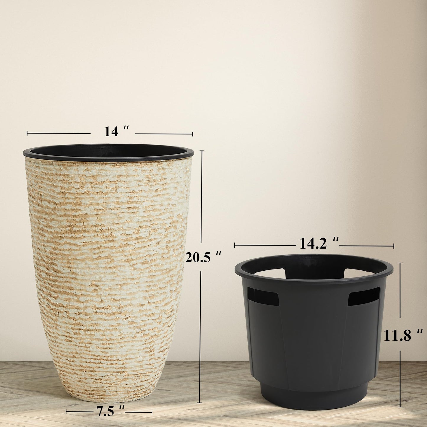 Worth Garden 21" H Beige Tall Planters set of 2 with Inside Pots - 14'' Dia Plastic Large Round Plant Tree Pots with Drain Hole - Decorative Imitation Stone Finish for Indoor Outdoor Front Porch Patio