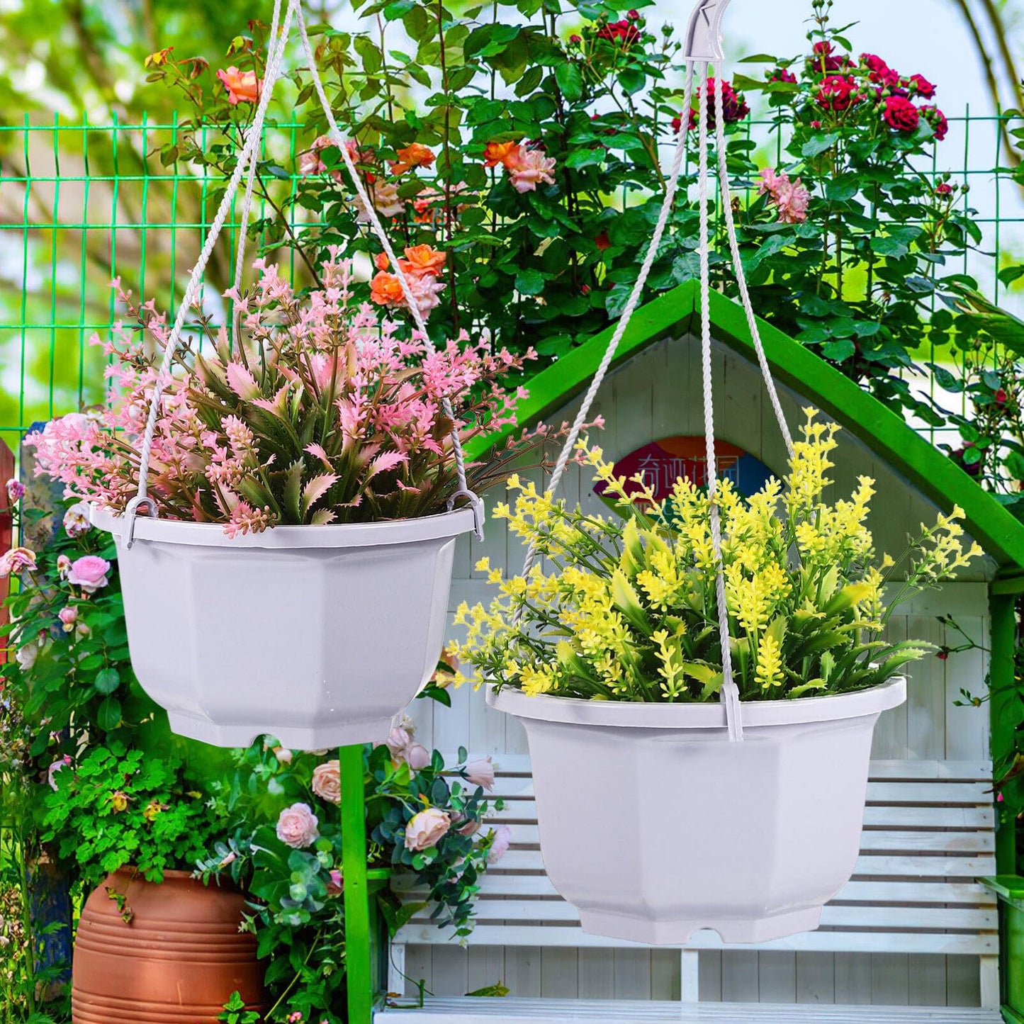 Toddmomy 10Pcs Octagon Plastic Hanging Planters with Drainage Holes for Indoor Plants Balcony Garden Lightweight Hanging Pots with Hooks
