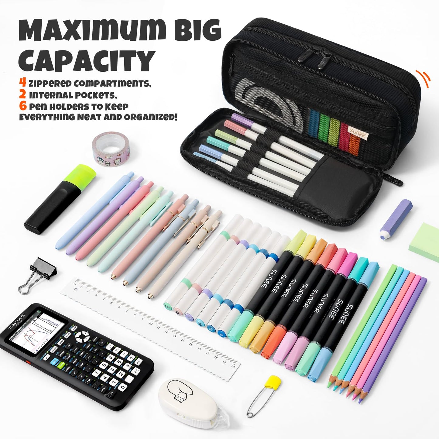 SUNEE Pencil Case, Large Capacity Pencil Pouch, Aesthetic Big Pen Bag, Soft Corduroy Pen Box for Office Stationery Organizer School Supplies Multifunctional for Teen Boys Girls Women Men, Jet Black