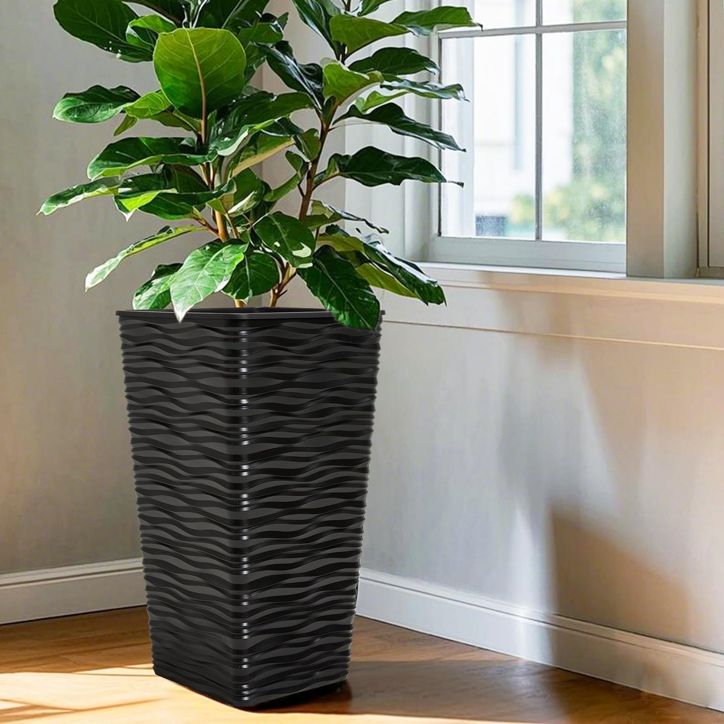 Worth 2 Pack 22" Tall Plastic Square Tapered Planter with Inside Pots for Indoor or Outdoor Use, Modern Wavy Finish for Front Porch or Deck, Black