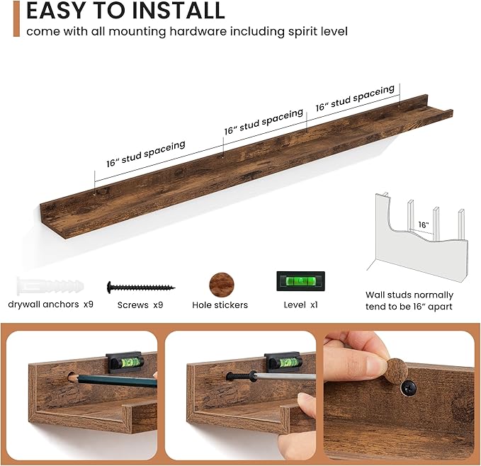 Fun Memories Picture Ledge Shelves Set of 2, 55 Inch Rustic Wall Mounted