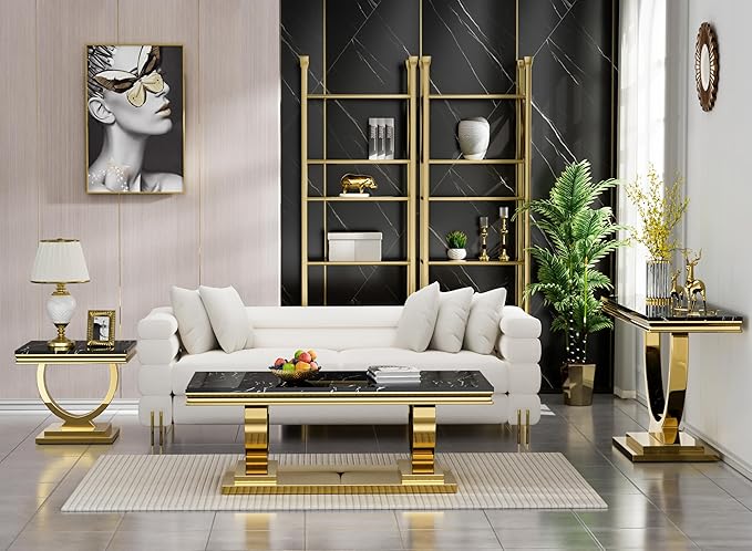 Henf 47" Marble Console Table Modern Black Faux Marble Entryway Table