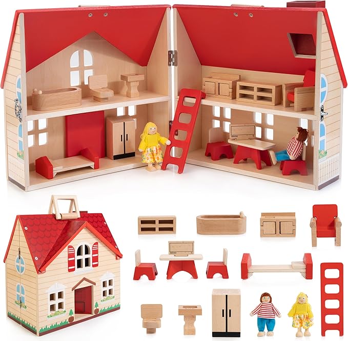 Foldable Wooden Dollhouse with 13PCS Furniture, 4 Rooms and 2 Flexible Dolls