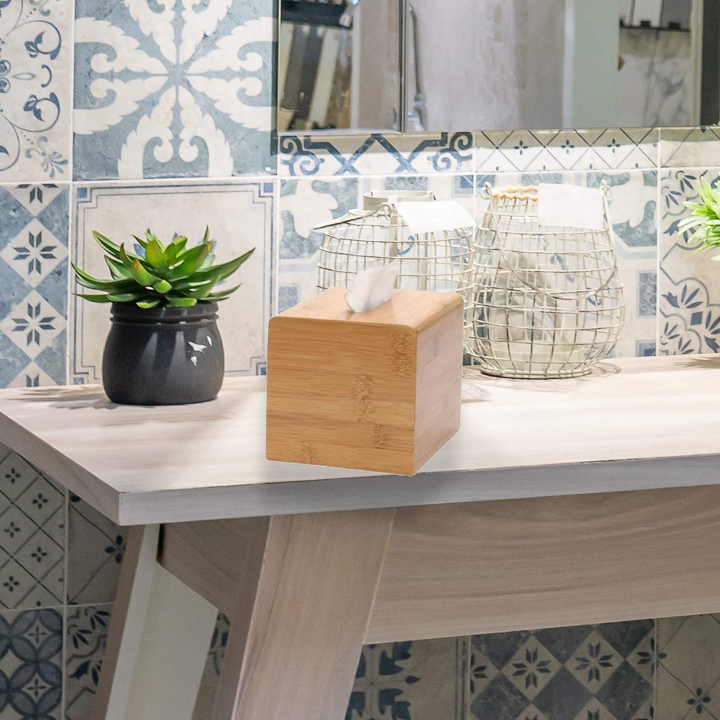 Performore Square Bamboo Tissue Box Cover - Stylish Water-Resistant Wooden Facial Tissue Holder for Bathroom, Office Desk & Nightstand - Compact 6.3" x 5.51" x 5.51" Design