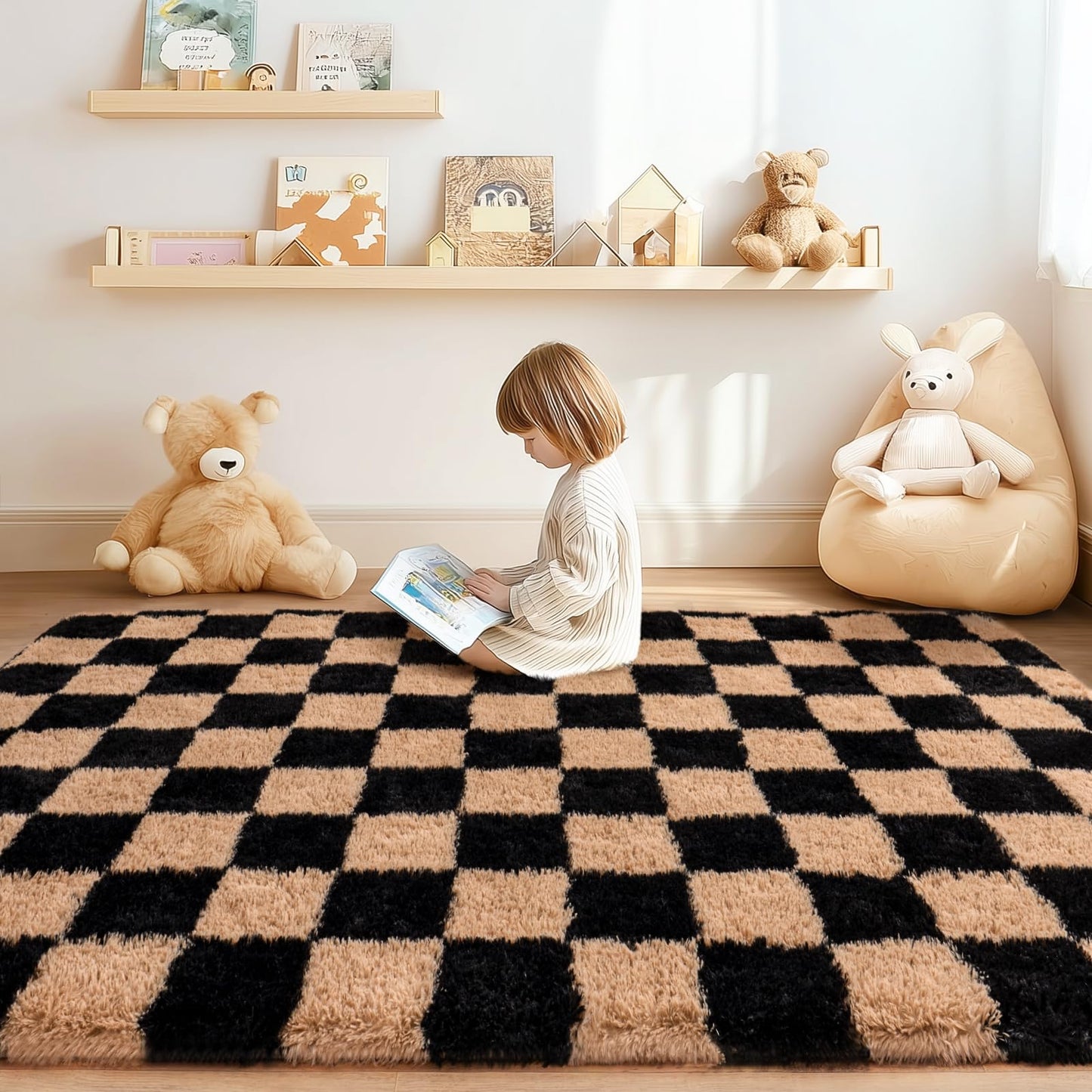 Checkered Rug 4x6 for Bedroom, Ultra Fluffy Shag Area Rugs for Living Room, Upgrade Anti-Skid High Pile Soft Rug Fuzzy Carpet for Living Room Bedroom Kids Room Nursery, Dorm Home Decor, Black & Beige
