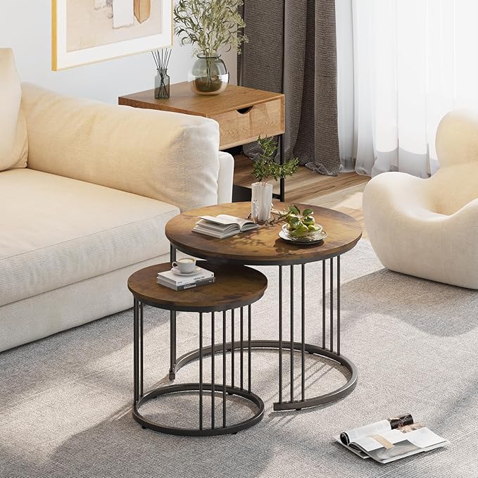Garden 4 you Nesting Coffee Table, 23.6" Round Coffee Table Set of 2, Wooden