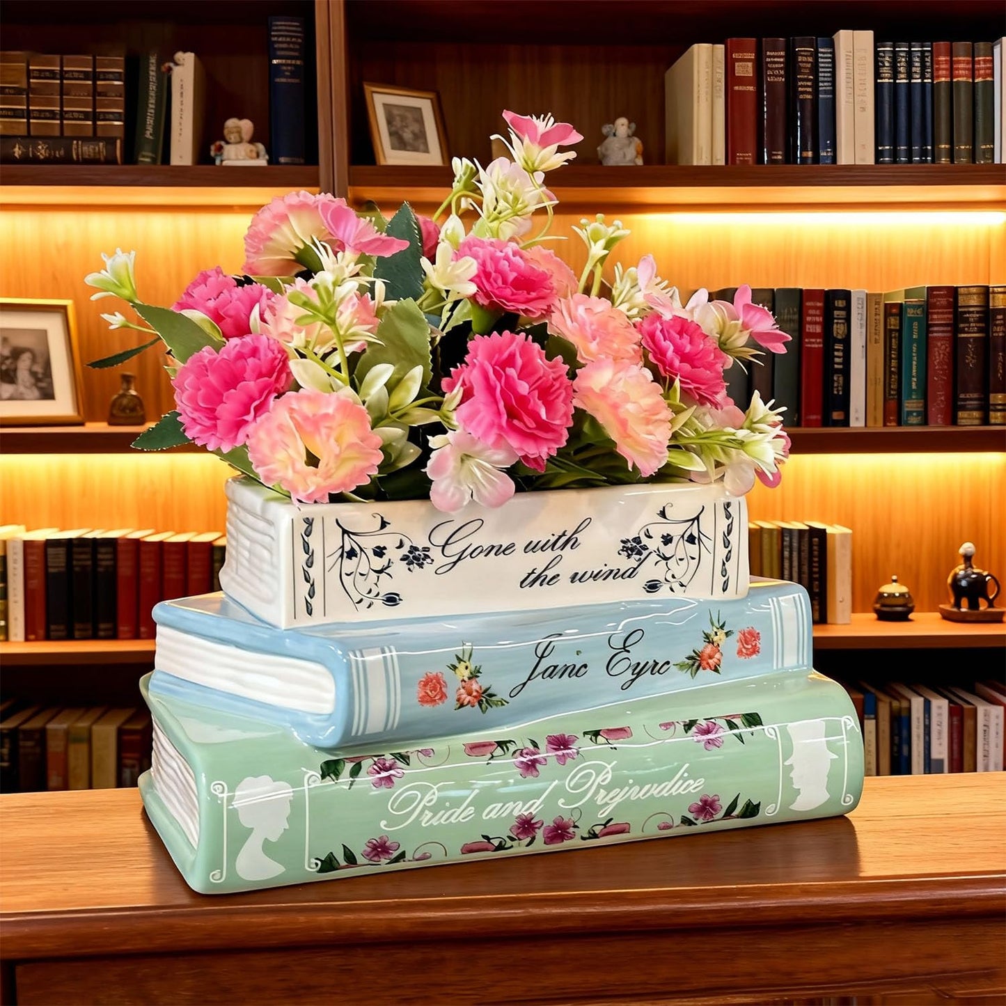 Book Planter Decor - Cute Bookshelf Plant Pots, Small Book Shaped Ceramic Planters, Book Flowers Vase with Drainage Hole, Classic Titles Bookstack for Book Lovers Gifts for Home Bedrooms, Living Rooms